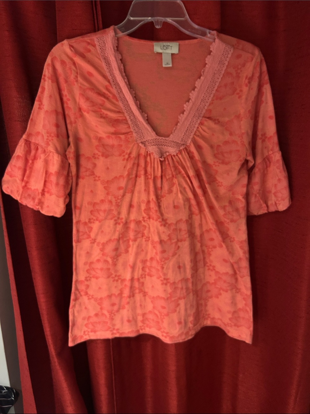 LOFT Coral Lace-Trim V-Neck Top